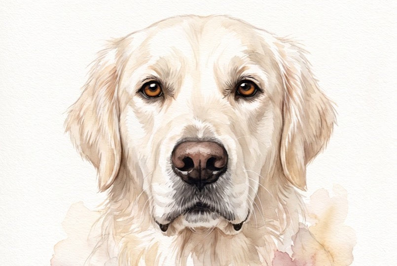 Watercolor golden retriever portrait, landscape crop