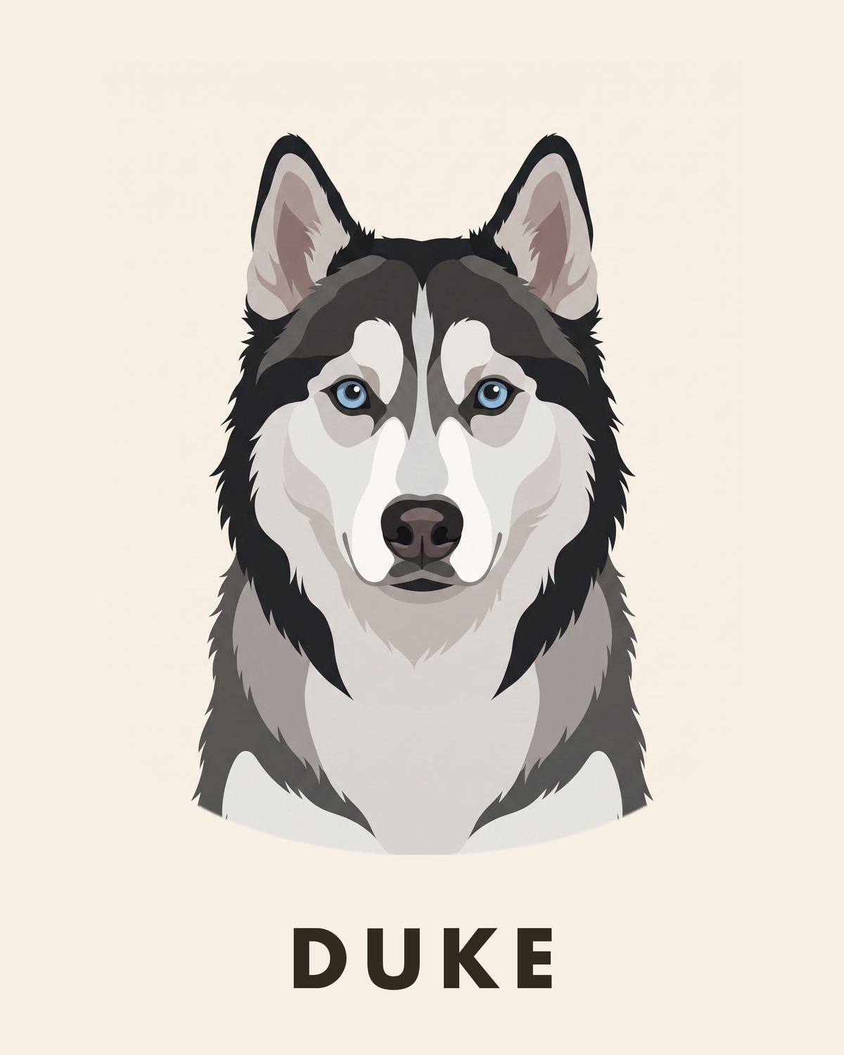 The Icon — modern flat-illustration dog portrait with name, husky on cream