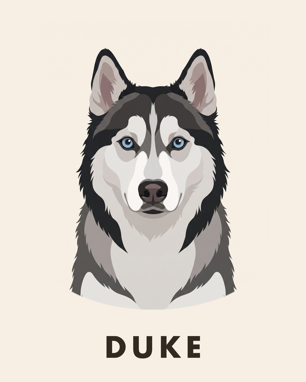 The Icon — modern flat-illustration dog portrait with name, husky on cream