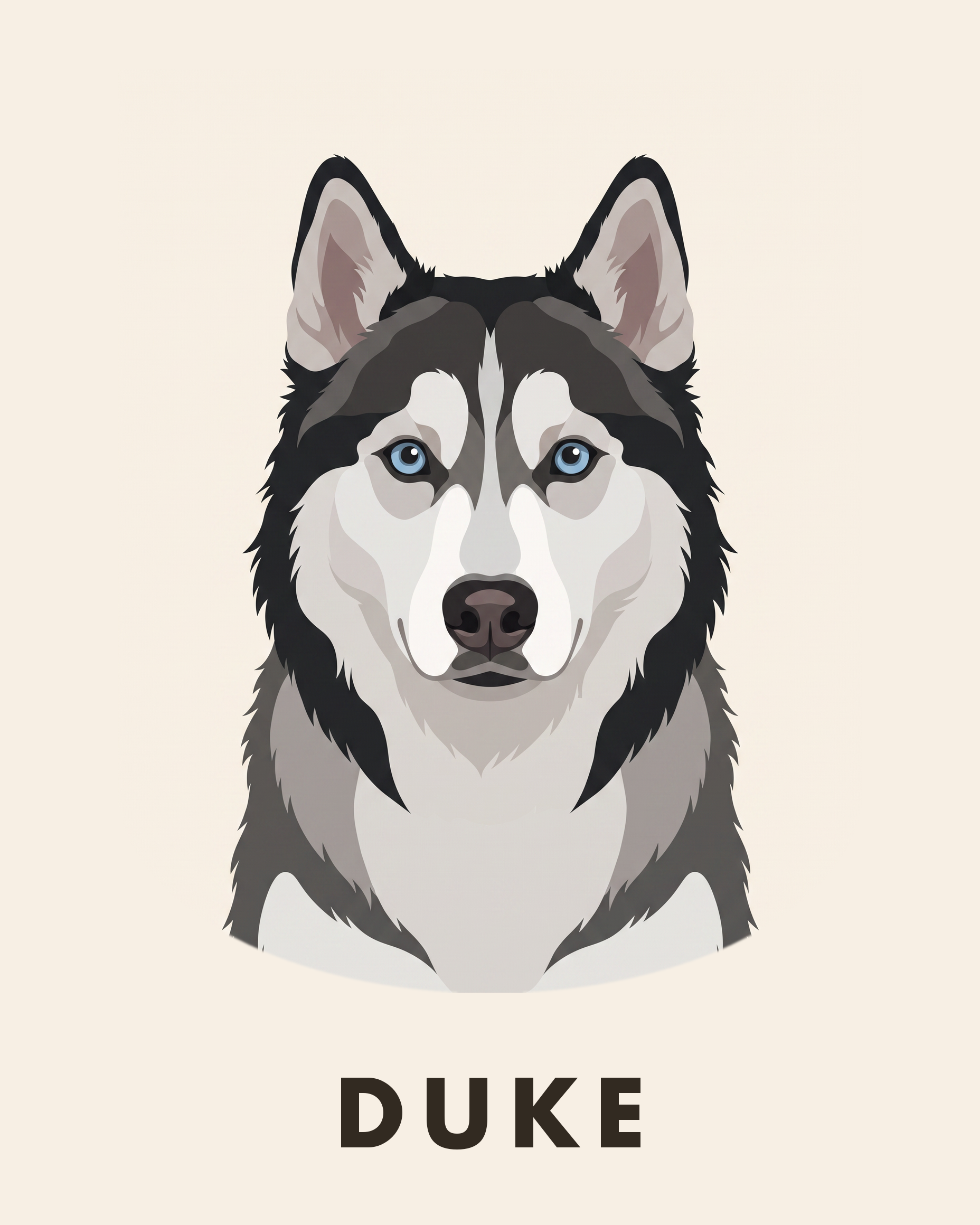 The Icon — modern flat-illustration dog portrait with name, husky on cream