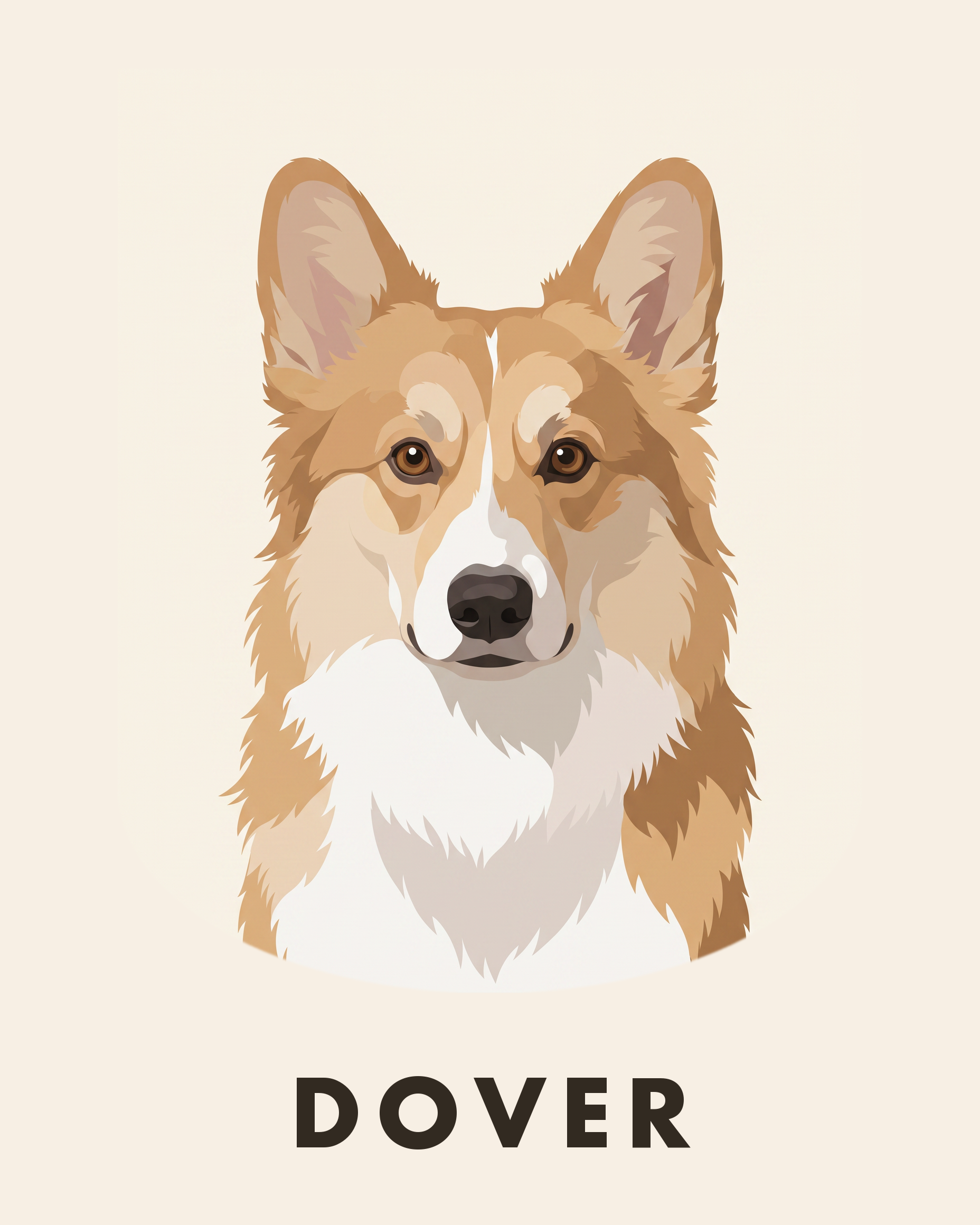 The Icon — modern flat-illustration dog portrait with name, corgi mix on cream