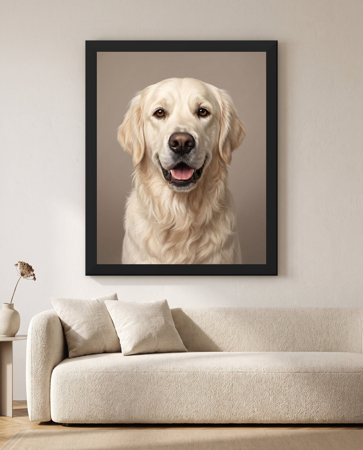 Modern Luxury dog portrait framed above a cream sofa