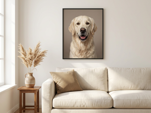 Modern Luxury dog portrait framed above a cream sofa in a modern living room