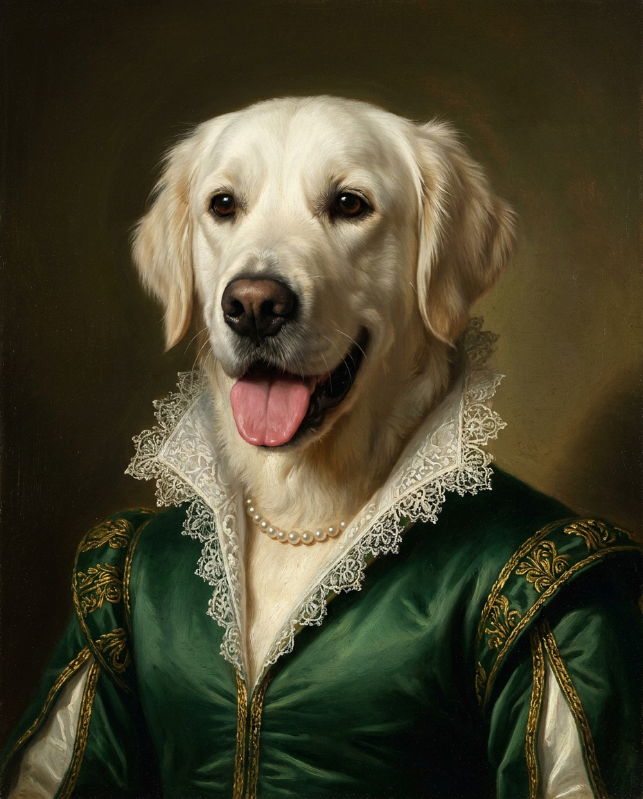 The Duchess renaissance dog portrait - emerald gown with lace collar and pearls - golden retriever example