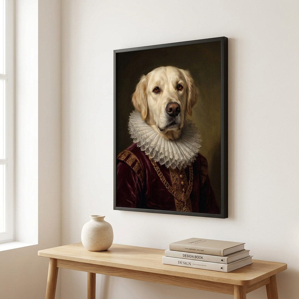 Renaissance Royalty dog portrait framed on the wall of a modern living room