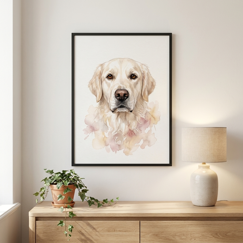 Soft Watercolor dog portrait framed on the wall of a modern bedroom