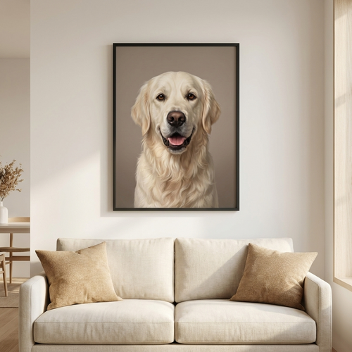 Modern Luxury dog portrait framed above a cream sofa in a modern living room