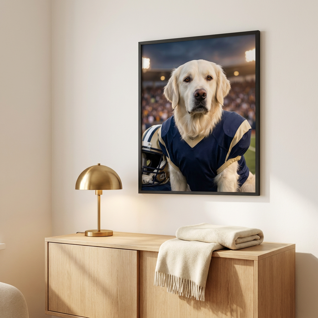 All-Star football dog portrait framed in a modern den