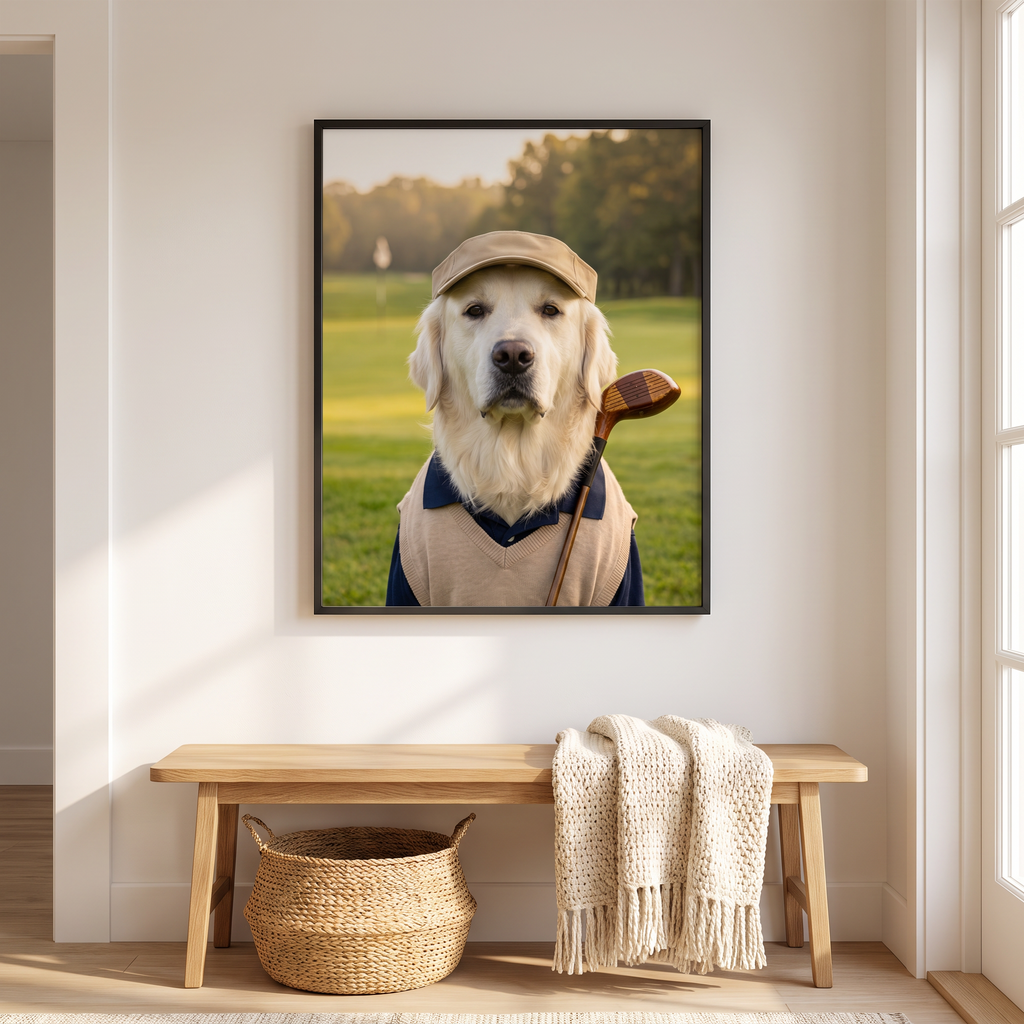 On the Green golfer dog portrait framed in a modern entryway