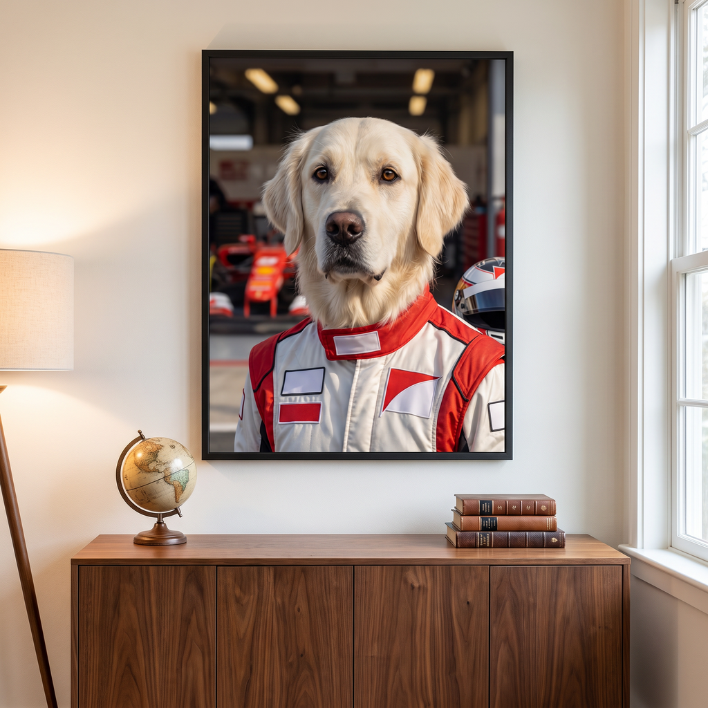 Track Legend racing dog portrait framed in a modern study