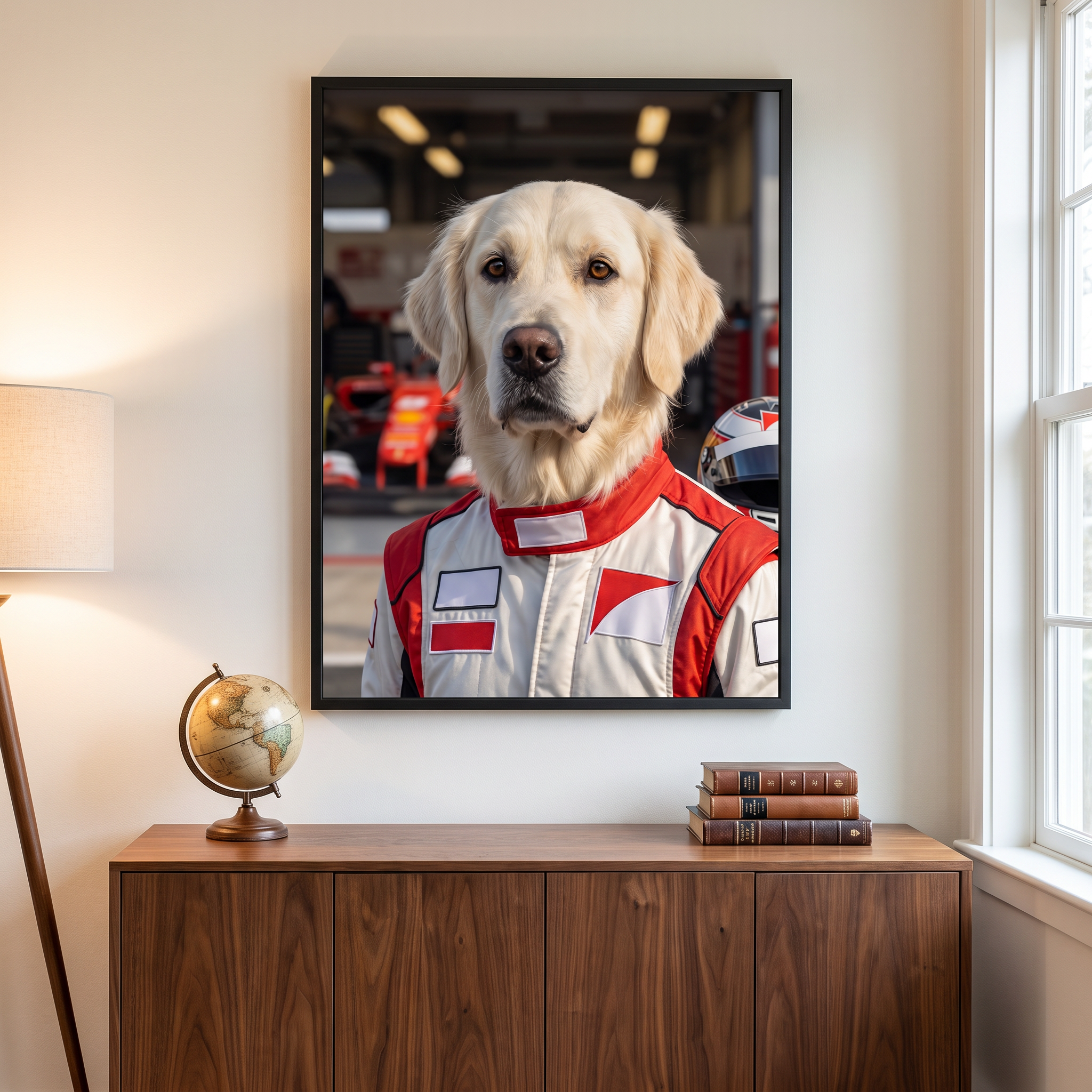 Track Legend racing dog portrait framed in a modern study