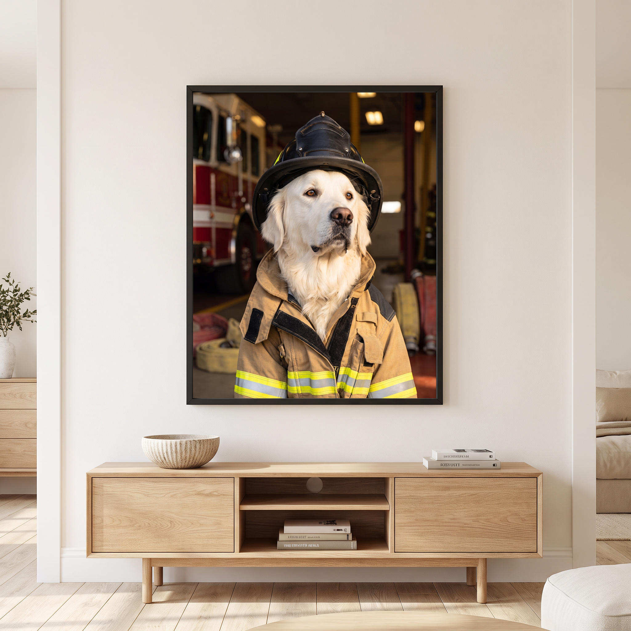 First Responder firefighter dog portrait framed in a modern living room