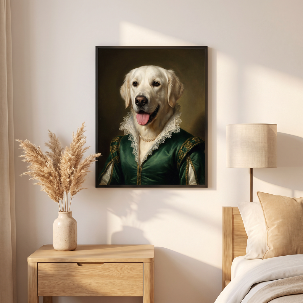 The Duchess renaissance dog portrait framed in an elegant modern bedroom